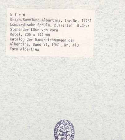 Rückseite von Albertina [https://www.deutsche-digitale-bibliothek.de/content/lizenzen/rv-ez/] Stehender Löwe von vorne - , bh395232_recto. Foto.