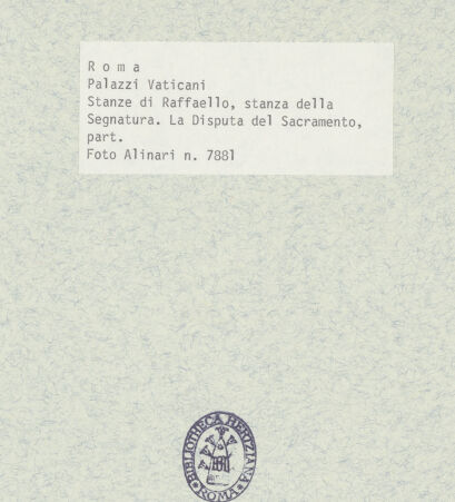 Rückseite von Alinari [https://www.deutsche-digitale-bibliothek.de/content/lizenzen/rv-ez/] Malerische AusstattungDisputa sull'Eucarestia - Ausschnitt: rechte Bildhälfte, Gelehrte, bh396009_recto. Foto.