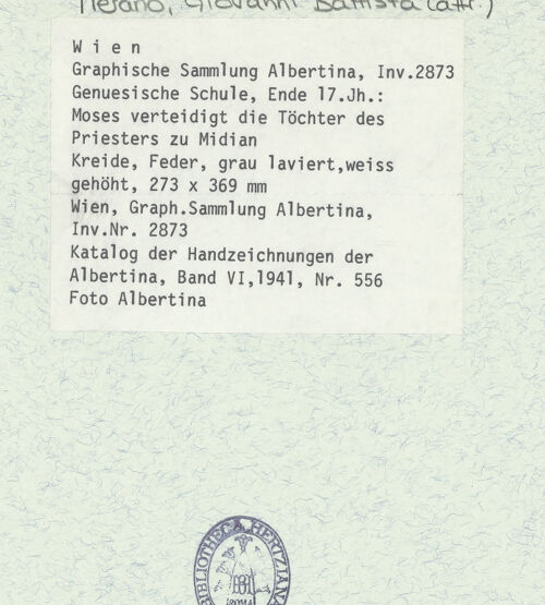 Rückseite von Albertina [https://www.deutsche-digitale-bibliothek.de/content/lizenzen/rv-ez/] Moses verteidigt die Töchter des Priesters von Midia - , bh399486_recto. Foto.