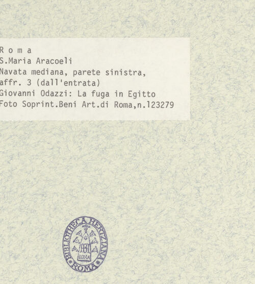 Rückseite von Sopr. BAS ROMA [https://www.deutsche-digitale-bibliothek.de/content/lizenzen/rv-ez/] Zyklus von Szenen aus dem Marienlebenlinke Wand: Flucht nach Ägypten - , bh400838_recto. Foto.