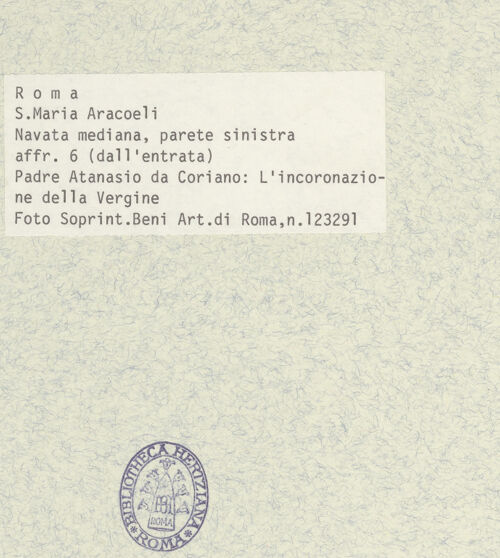 Rückseite von Sopr. BAS ROMA [https://www.deutsche-digitale-bibliothek.de/content/lizenzen/rv-ez/] Zyklus von Szenen aus dem Marienlebenlinke Wand: Krönung Mariae - , bh400844_recto. Foto.