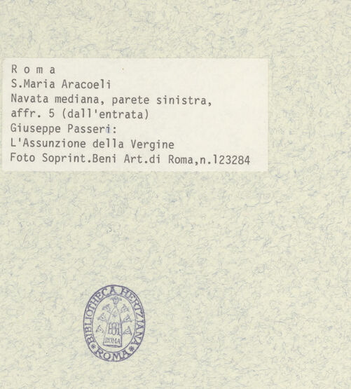 Rückseite von Sopr. BAS ROMA [https://www.deutsche-digitale-bibliothek.de/content/lizenzen/rv-ez/] Zyklus von Szenen aus dem Marienlebenlinke Wand: Assumptio Mariae - , bh400845_recto. Foto.