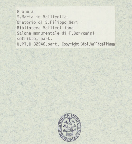 Rückseite von Bibliotheca Hertziana [https://www.deutsche-digitale-bibliothek.de/content/lizenzen/rv-ez/] Kassettendecke mit BildfeldernZyklus von Putten - Zwei Putten mit Lilien und dem Wappenstern der Neri, bh403116_recto. Foto.