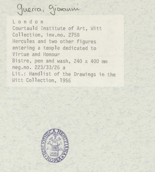 Rückseite von Courtauld Institute [https://www.deutsche-digitale-bibliothek.de/content/lizenzen/rv-ez/] Herkules betritt den Tempel von Tugend und Ehre - , bh408050_recto. Foto.