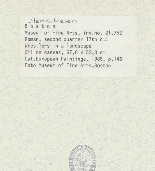 Rückseite von Museum of Fine Arts Boston [https://www.deutsche-digitale-bibliothek.de/content/lizenzen/rv-ez/] Ringkampf vor Publikum auf einer Waldlichtung - , bh410864_recto. Foto.