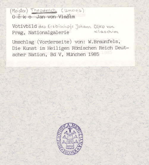 Rückseite von Bibliotheca Hertziana [https://www.deutsche-digitale-bibliothek.de/content/lizenzen/rv-fz/] Votivtafel des Prager Erzbischofs Johann Ocko von WlasimOberes Register: Kaiser Karl IV. und Kronprinz Wenzel beten die Madonna an, gerahmt von den Heiligen Sigismund und Wenzel - Ausschnitt, bh415604_recto. Foto.