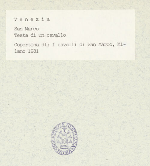 Rückseite von unbekannt [https://www.deutsche-digitale-bibliothek.de/content/lizenzen/rv-ez/] Quadriga, sog. Pferde von San Marco (Cavalli di San Marco) - Detail eines Pferdes, Kopf (nach der Restaurierung), bh415886_recto. Foto.