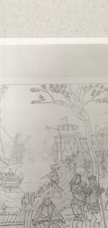 Rückseite von Staatsgalerie [http://creativecommons.org/publicdomain/mark/1.0/] Rittergruppe vor einer Stadt am Fluss (in Umrissen) - , bh420169. Foto.