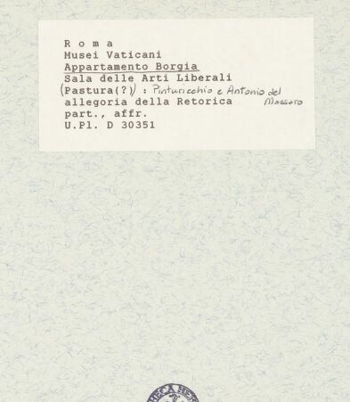 Rückseite von Bibliotheca Hertziana [https://www.deutsche-digitale-bibliothek.de/content/lizenzen/rv-fz/] Wand- und Deckendekoration der Sala delle Scienze e delle Arti LiberaliPersonifikation der Rhetorik - Detail, bh421226_recto. Foto.