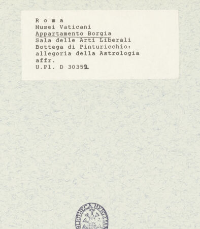 Rückseite von Bibliotheca Hertziana [https://www.deutsche-digitale-bibliothek.de/content/lizenzen/rv-fz/] Wand- und Deckendekoration der Sala delle Scienze e delle Arti LiberaliPersonifikation der Astronomie - , bh421228_recto. Foto.