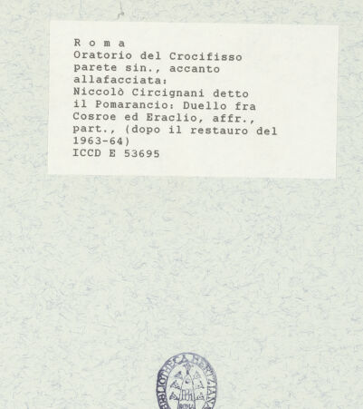 Rückseite von ICCD [https://www.deutsche-digitale-bibliothek.de/content/lizenzen/rv-ez/] Szenen aus der Geschichte des heiligen Kreuzes und des OratoriumsDuell zwischen Heraclius und Chosrau - gesamt; nach der Restaurierung von 1963-64, bh421418_recto. Foto.