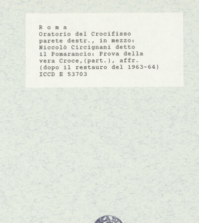 Rückseite von ICCD [https://www.deutsche-digitale-bibliothek.de/content/lizenzen/rv-ez/] Szenen aus der Geschichte des heiligen Kreuzes und des OratoriumsDie Prüfung des heiligen Kreuzes - Detail; nach der Restaurierung von 1963-1964, bh421423_recto. Foto.