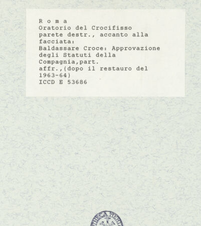 Rückseite von ICCD [https://www.deutsche-digitale-bibliothek.de/content/lizenzen/rv-ez/] Szenen aus der Geschichte des heiligen Kreuzes und des OratoriumsBestätigung der Statuten der Bruderschaft - Detail; nach der Restaurierung von 1963-64, bh421427_recto. Foto.