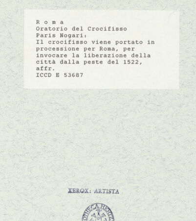 Rückseite von ICCD [https://www.deutsche-digitale-bibliothek.de/content/lizenzen/rv-ez/] Szenen aus der Geschichte des heiligen Kreuzes und des OratoriumsKreuzesprozession zur Pestepidemie 1522 - Detail; nach der Restaurierung von 1963-64, bh421429_recto. Foto.