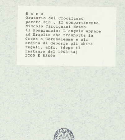 Rückseite von ICCD [https://www.deutsche-digitale-bibliothek.de/content/lizenzen/rv-ez/] Szenen aus der Geschichte des heiligen Kreuzes und des OratoriumsEin Engel erscheint Kaiser Heraclius beim Einzug nach Jerusalem - gesamt; nach der Restaurierung 1963-1964, bh421433_recto. Foto.