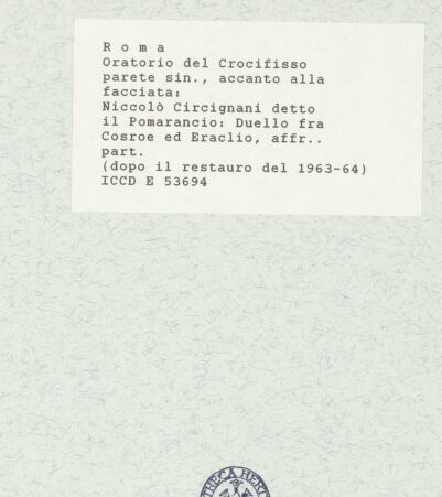 Rückseite von ICCD [https://www.deutsche-digitale-bibliothek.de/content/lizenzen/rv-ez/] Szenen aus der Geschichte des heiligen Kreuzes und des OratoriumsDuell zwischen Heraclius und Chosrau - Detail; nach der Restaurierung von 1963-64, bh421434_recto. Foto.