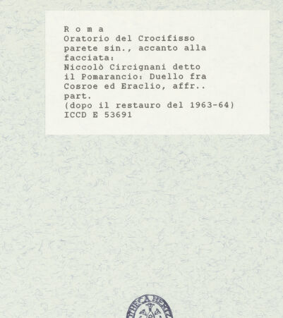 Rückseite von ICCD [https://www.deutsche-digitale-bibliothek.de/content/lizenzen/rv-ez/] Szenen aus der Geschichte des heiligen Kreuzes und des OratoriumsDuell zwischen Heraclius und Chosrau - Detail; nach der Restaurierung von 1963-64, bh421435_recto. Foto.