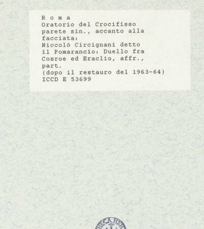 Rückseite von ICCD [https://www.deutsche-digitale-bibliothek.de/content/lizenzen/rv-ez/] Szenen aus der Geschichte des heiligen Kreuzes und des OratoriumsDuell zwischen Heraclius und Chosrau - Detail; nach der Restaurierung von 1963-64, bh421438_recto. Foto.