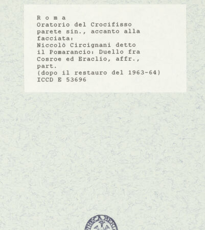 Rückseite von ICCD [https://www.deutsche-digitale-bibliothek.de/content/lizenzen/rv-ez/] Szenen aus der Geschichte des heiligen Kreuzes und des OratoriumsDuell zwischen Heraclius und Chosrau - Detail; nach der Restaurierung von 1963-64, bh421439_recto. Foto.