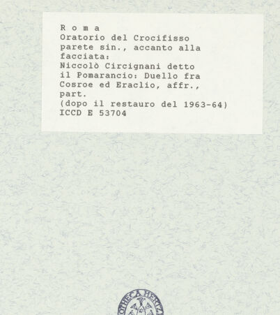 Rückseite von ICCD [https://www.deutsche-digitale-bibliothek.de/content/lizenzen/rv-ez/] Szenen aus der Geschichte des heiligen Kreuzes und des OratoriumsDuell zwischen Heraclius und Chosrau - Detail; nach der Restaurierung von 1963-64, bh421440_recto. Foto.