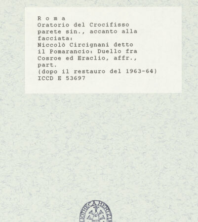 Rückseite von ICCD [https://www.deutsche-digitale-bibliothek.de/content/lizenzen/rv-ez/] Szenen aus der Geschichte des heiligen Kreuzes und des OratoriumsDuell zwischen Heraclius und Chosrau - Detail; nach der Restaurierung von 1963-64, bh421441_recto. Foto.