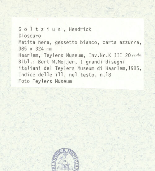 Rückseite von Teylers Museum [https://www.deutsche-digitale-bibliothek.de/content/lizenzen/rv-ez/] Römische StudienmappeEiner der Dioskuren auf dem Quirinal (Opus Praxitelis) - , bh421604_recto. Foto.