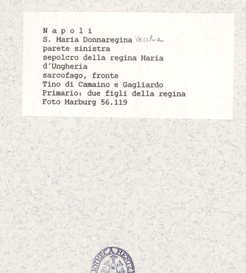 Rückseite von Bildarchiv Foto Marburg [https://www.deutsche-digitale-bibliothek.de/content/lizenzen/rv-ez/] Grabmal der Königin Maria von Ungarn - Frontplatte: Raiumund Berengar und Philipp von Tarent, bh422038_recto. Foto.