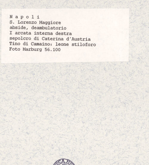 Rückseite von Foto Marburg [https://www.deutsche-digitale-bibliothek.de/content/lizenzen/rv-ez/] Grabmal der Katharina von Österreich - Löwe, Südseite, rechts, bh422039_recto. Foto.