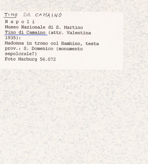 Rückseite von Bildarchiv Foto Marburg [https://www.deutsche-digitale-bibliothek.de/content/lizenzen/rv-ez/] Präsentationsgruppe des Grabmals des Giovanni d'Angiò (Johannes von Anjou, Herzog von Durazzo, gest. 1337)Madonna - Detail: Gesicht, bh422047_recto. Foto.