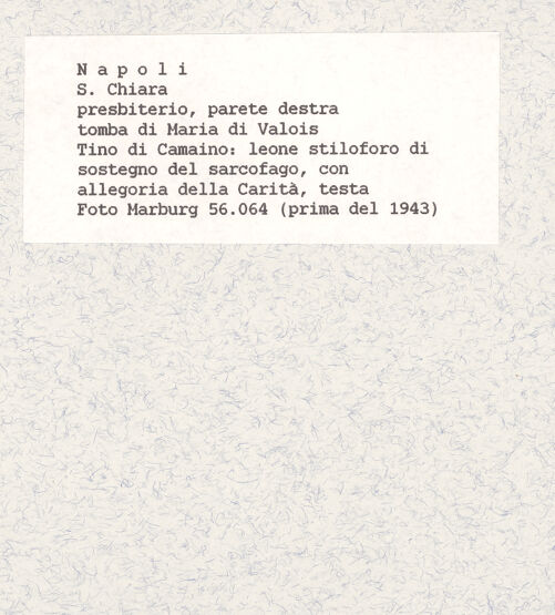 Rückseite von Foto Marburg [https://www.deutsche-digitale-bibliothek.de/content/lizenzen/rv-ez/] Grabmal der Maria von Valois (gest. 1328)Tugenden - Caritas, Detail: Löwe, bh422055_recto. Foto.