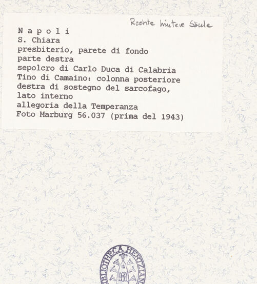 Rückseite von Foto Marburg [https://www.deutsche-digitale-bibliothek.de/content/lizenzen/rv-ez/] Grabmal des Karl von KalabrienTugendenRechte hintere Säule - Temperantia (vor 1943), bh422069_recto. Foto.