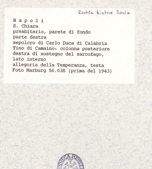 Rückseite von Foto Marburg [https://www.deutsche-digitale-bibliothek.de/content/lizenzen/rv-ez/] Grabmal des Karl von KalabrienTugendenRechte hintere Säule - Temperantia, Detail: Kopf (vor 1943), bh422070_recto. Foto.