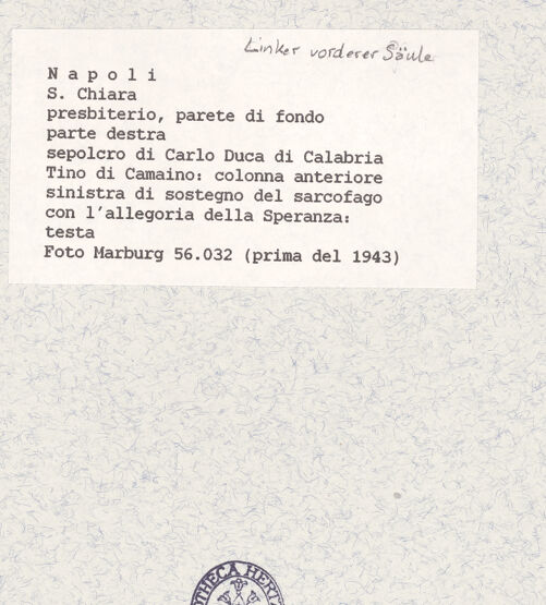 Rückseite von Foto Marburg [https://www.deutsche-digitale-bibliothek.de/content/lizenzen/rv-ez/] Grabmal des Karl von KalabrienTugendenLinke vordere Säule - Spes, Detail: Kopf (vor 1943), bh422074_recto. Foto.