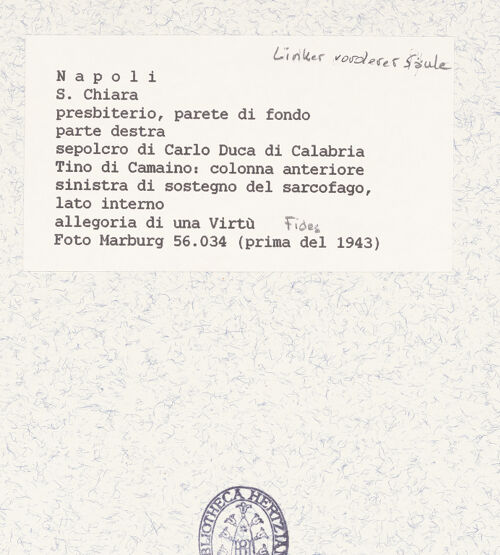 Rückseite von Foto Marburg [https://www.deutsche-digitale-bibliothek.de/content/lizenzen/rv-ez/] Grabmal des Karl von KalabrienTugendenLinke vordere Säule - Fides, Detail: Kopf (vor 1943), bh422076_recto. Foto.