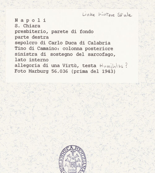 Rückseite von Foto Marburg [https://www.deutsche-digitale-bibliothek.de/content/lizenzen/rv-ez/] Grabmal des Karl von KalabrienTugendenLinke hintere Säule - Humilitas (?), Detail: Kopf (vor 1943), bh422078_recto. Foto.