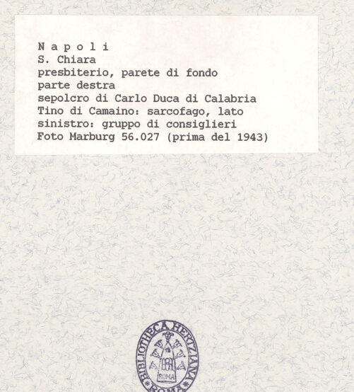 Rückseite von Foto Marburg [https://www.deutsche-digitale-bibliothek.de/content/lizenzen/rv-ez/] Grabmal des Karl von KalabrienKarl von Kalabrien zwischen Geistliche und Höflinge - Linke Seite: Höflinge (vor 1943), bh422080_recto. Foto.