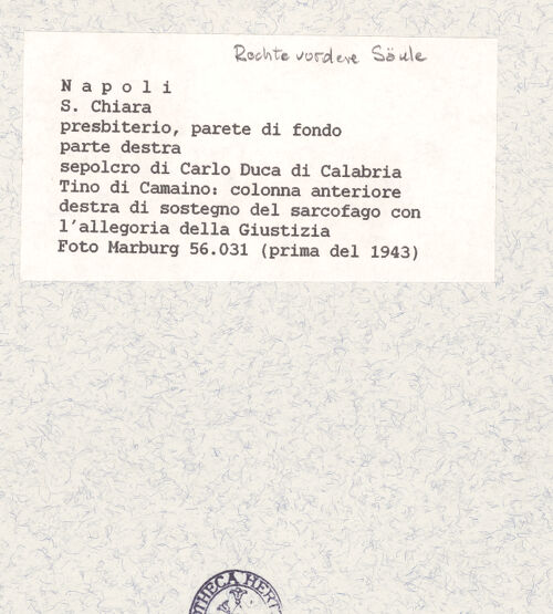 Rückseite von Foto Marburg [https://www.deutsche-digitale-bibliothek.de/content/lizenzen/rv-ez/] Grabmal des Karl von KalabrienTugendenRechte vordere Säule - Iustitia (vor 1943), bh422083_recto. Foto.