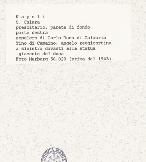 Rückseite von Foto Marburg [https://www.deutsche-digitale-bibliothek.de/content/lizenzen/rv-ez/] Grabmal des Karl von Kalabrien - Linker Engel (vor 1943), bh422084_recto. Foto.