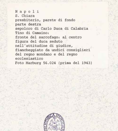 Rückseite von Foto Marburg [https://www.deutsche-digitale-bibliothek.de/content/lizenzen/rv-ez/] Grabmal des Karl von KalabrienKarl von Kalabrien zwischen Geistliche und Höflinge - Vorderseite (vor 1943), bh422087_recto. Foto.