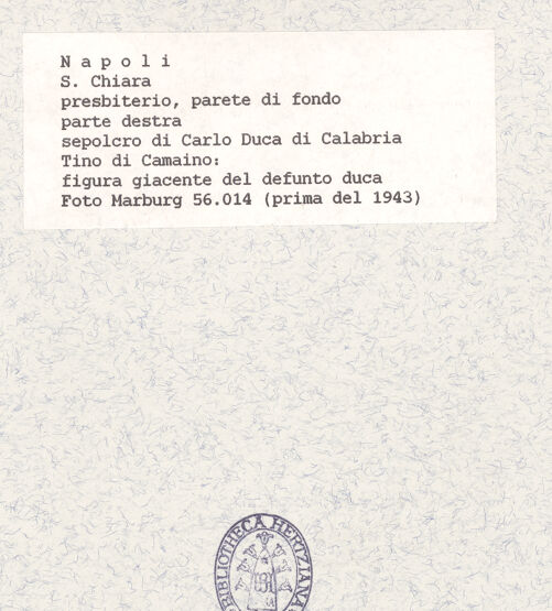 Rückseite von Foto Marburg [https://www.deutsche-digitale-bibliothek.de/content/lizenzen/rv-ez/] Grabmal des Karl von Kalabrien - Gisant, Pleurants und Geistliche (vor 1943), bh422089_recto. Foto.