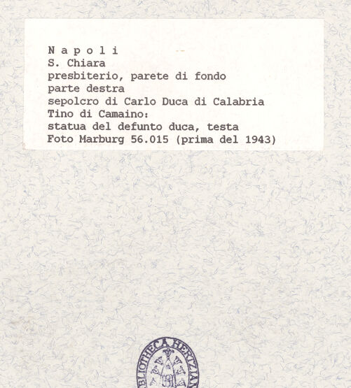 Rückseite von Foto Marburg [https://www.deutsche-digitale-bibliothek.de/content/lizenzen/rv-ez/] Grabmal des Karl von Kalabrien - Gisant, Detail: Kopf (vor 1943), bh422091_recto. Foto.