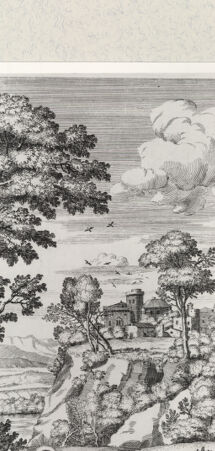 Rückseite von Bibliotheca Hertziana [http://creativecommons.org/publicdomain/mark/1.0/] Villa Aldobrandina Tusculana sive Varij illius hortorum et fontium prospectusTav. 15: Auf der Flucht vor Apollo wird Daphne von ihrem Vater Peneus in einen Lorbeerbaum verwandelt (Ovid, Metamorphosen I 548) - , bh422114. Foto.