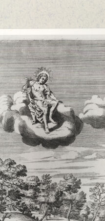 Rückseite von Bibliotheca Hertziana [http://creativecommons.org/publicdomain/mark/1.0/] Villa Aldobrandina Tusculana sive Varij illius hortorum et fontium prospectusTav. 17: Eine Schlange wird von Apollo in einen Stein verwandelt, als sie den ans Land getriebenen Kopf des Orpheus angreift - , bh422116. Foto.