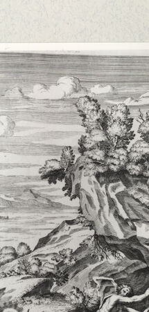 Rückseite von Bibliotheca Hertziana [http://creativecommons.org/publicdomain/mark/1.0/] Villa Aldobrandina Tusculana sive Varij illius hortorum et fontium prospectusTav. 13: Apollo tötet die Zyklopen, weil sie den Donnerkeil hergestellt hatten, mit dem Jupiter Aesculapius erschlagen hat - , bh422122. Foto.