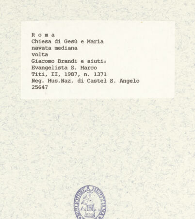 Rückseite von Museo Nazionale di Castel San't Angelo [https://www.deutsche-digitale-bibliothek.de/content/lizenzen/rv-ez/] Deckengemälde mit Gottvater und Maria mit dem Kind umgeben von Bildfeldern mit Heiligen, Seligen und EvangelistenDer Evangelist Markus - , bh425793_recto. Foto.