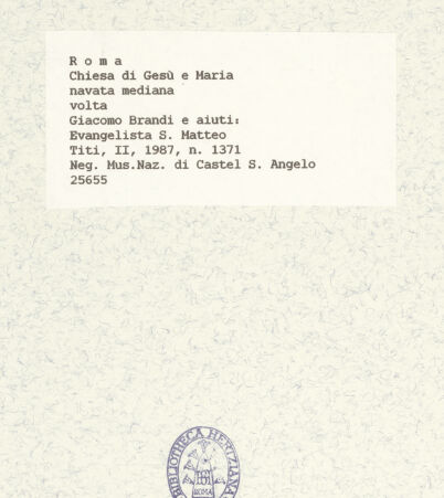 Rückseite von Museo Nazionale di Castel San't Angelo [https://www.deutsche-digitale-bibliothek.de/content/lizenzen/rv-ez/] Deckengemälde mit Gottvater und Maria mit dem Kind umgeben von Bildfeldern mit Heiligen, Seligen und EvangelistenDer Evangelist Matthäus - , bh425794_recto. Foto.