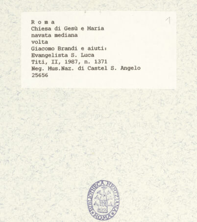 Rückseite von Museo Nazionale di Castel Sant'Angelo [https://www.deutsche-digitale-bibliothek.de/content/lizenzen/rv-ez/] Deckengemälde mit Gottvater und Maria mit dem Kind umgeben von Bildfeldern mit Heiligen, Seligen und EvangelistenDer Evangelist Lukas - , bh425795_recto. Foto.