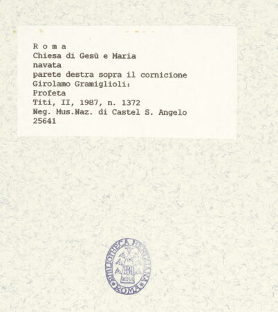 Rückseite von Museo Nazionale di Castel Sant'Angelo [https://www.deutsche-digitale-bibliothek.de/content/lizenzen/rv-ez/] Propheten und PatriarchenSitzender Prophet mit Schrifttafel und erhobenem Arm - Ansicht von rechts unten, bh425804_recto. Foto.