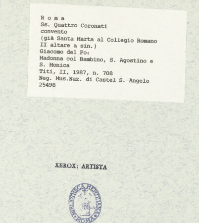 Rückseite von Musei nazionale di Castel S. Angelo [https://www.deutsche-digitale-bibliothek.de/content/lizenzen/rv-ez/] Die Madonna mit den Heiligen Augustinus und Monika - Gesamtansicht (im ovalen Format), bh425814_recto. Foto.