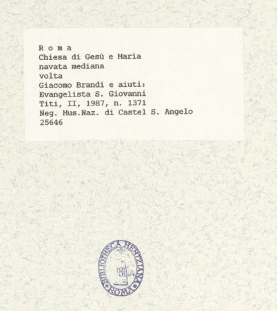 Rückseite von Museo Nazionale di Castel Sant'Angelo [https://www.deutsche-digitale-bibliothek.de/content/lizenzen/rv-ez/] Deckengemälde mit Gottvater und Maria mit dem Kind umgeben von Bildfeldern mit Heiligen, Seligen und EvangelistenDer Evangelist Johannes - , bh425816_recto. Foto.